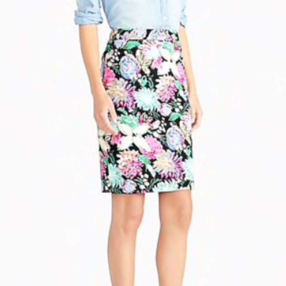 J. Crew Floral Printed Stretch Cotton Sateen Pencil Skirt 0